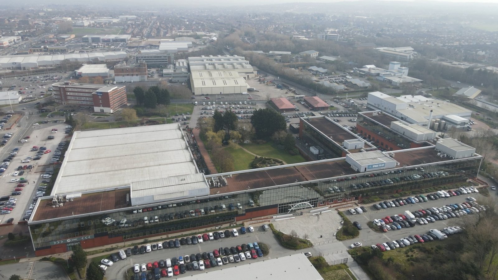 Aerial view of Liverpool Innovation Park, a multi-building business park on Edge Lane