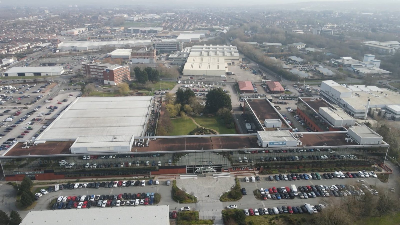 Aerial view of Liverpool Innovation Park on Edge Lane, Liverpool